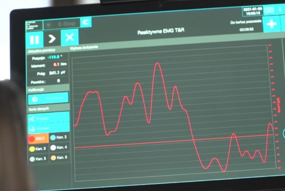 Wykres elektromiografii (EMG) pokazujący aktywność mięśni. Wyświetlane są reaktywne dane EMG T&R.