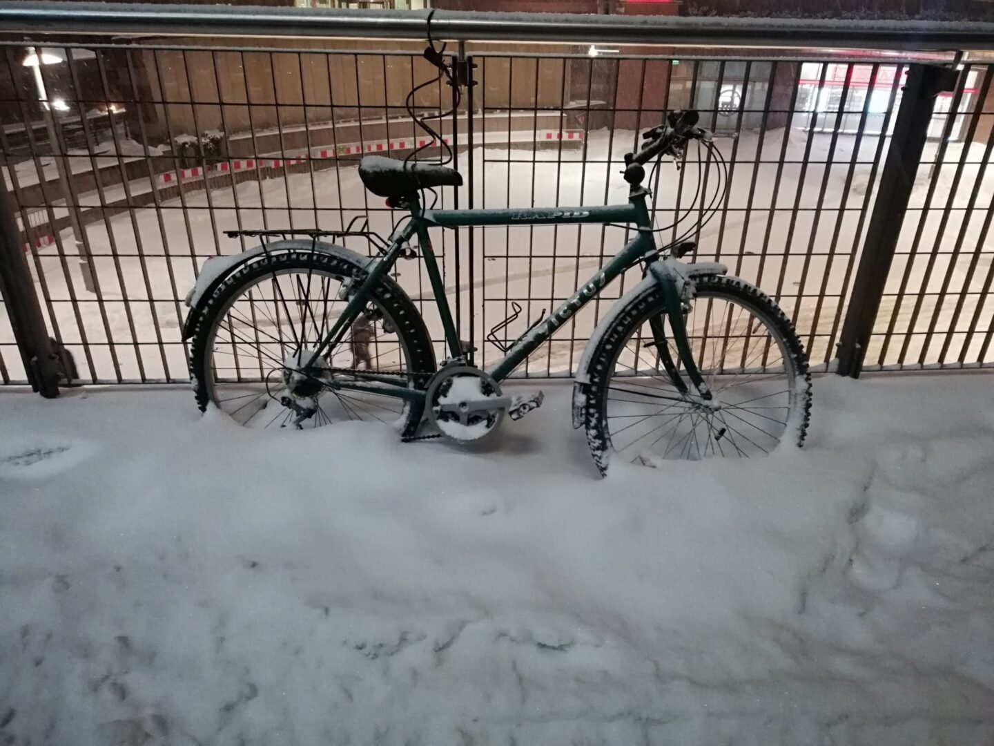 Ciemnozielony rower pokryty śniegiem, zaparkowany za metalowym płotem.