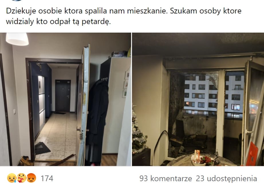 Uszkodzenia spowodowane pożarem w korytarzu i salonie w mieszkaniu po incydencie z fajerwerkami. Poszukiwani świadkowie.