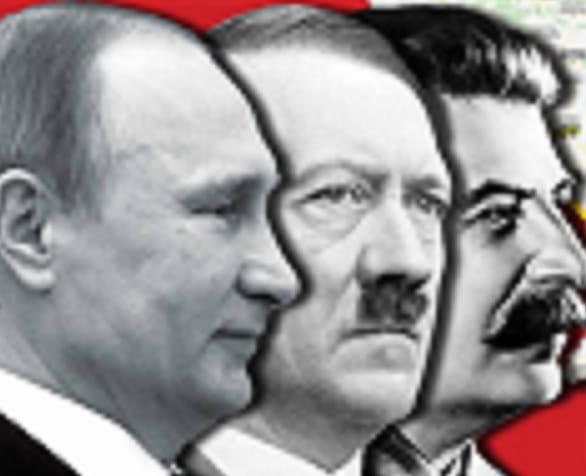 Obraz kompozytowy twarzy Władimira Putina, Adolfa Hitlera i Józefa Stalina. Historyczni dyktatorzy.
