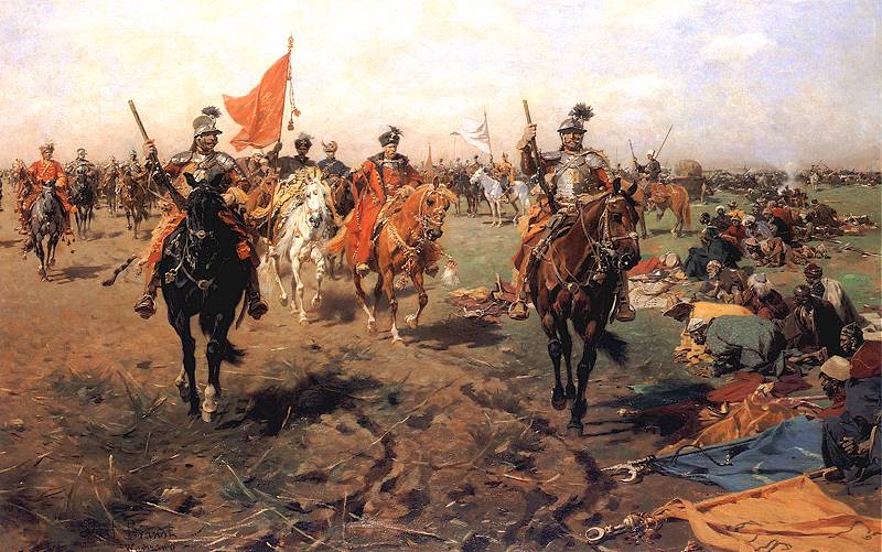 Huzarzy polscy w szarży pod Wiedniem (1683) stawiają czoła wojskom osmańskim. Przedstawiono wojnę z XVII wieku.