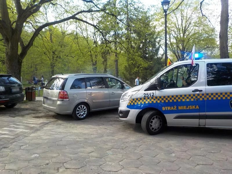 Samochód patrolowy zaparkowany w pobliżu srebrnego minivana w parku. Na samochodzie widoczny napis „Straż Miejska”.
