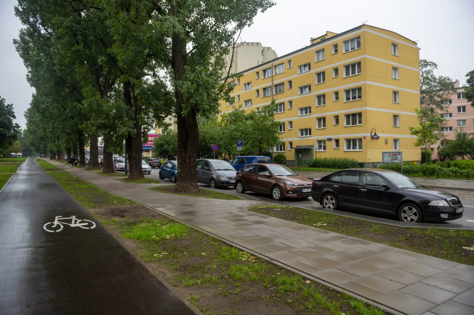 Scena w deszczowy dzień: ścieżka rowerowa, chodnik, zaparkowane samochody i budynek mieszkalny.