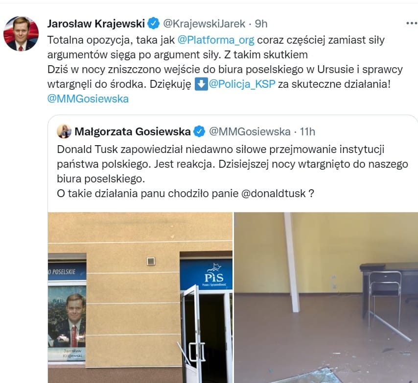 Zniszczone biuro polskiego parlamentu po nocnym włamaniu