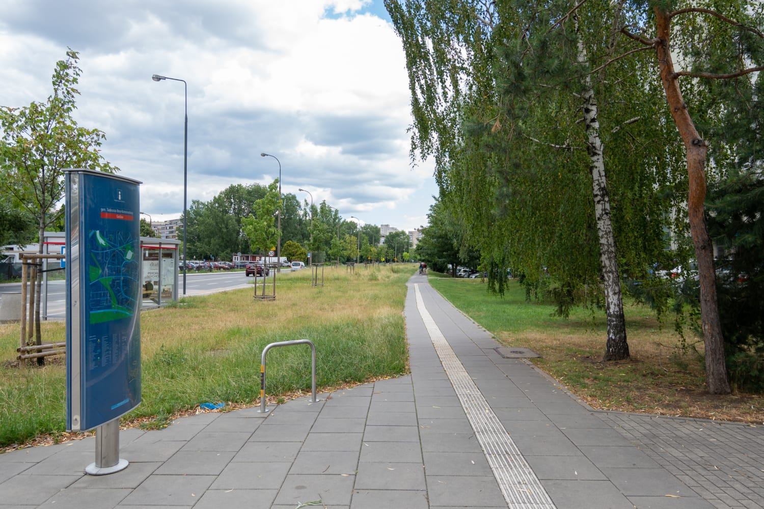 Miejska ścieżka rowerowa ze znakiem informacyjnym, drzewami i widokiem na ulicę.