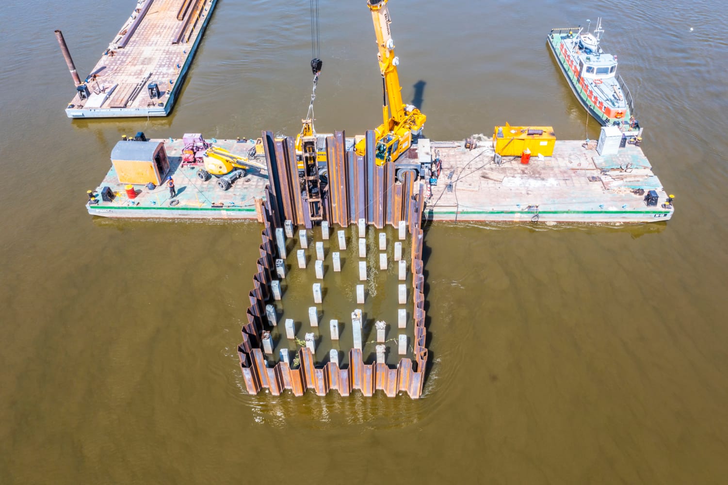 Widok z lotu ptaka na barkę budowlaną montującą stalowe grodzice na potrzeby budowy mostu.