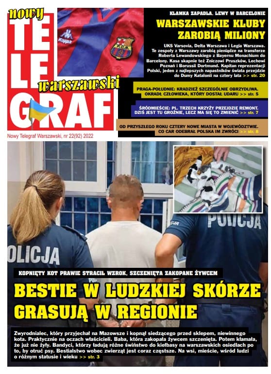 Policjanci zatrzymują dwóch podejrzanych. Widoczny nagłówek „Bestie w ludzkiej skórze”.