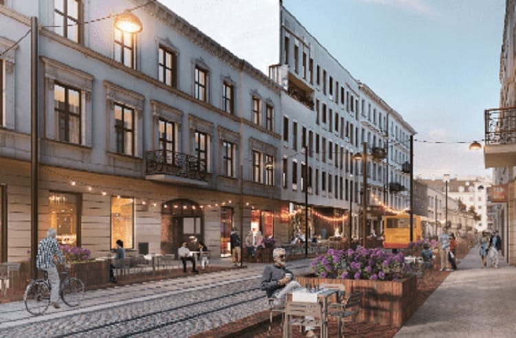 Nowoczesny europejski krajobraz uliczny z odnowionymi budynkami, tramwajem i miejscami do siedzenia na świeżym powietrzu.