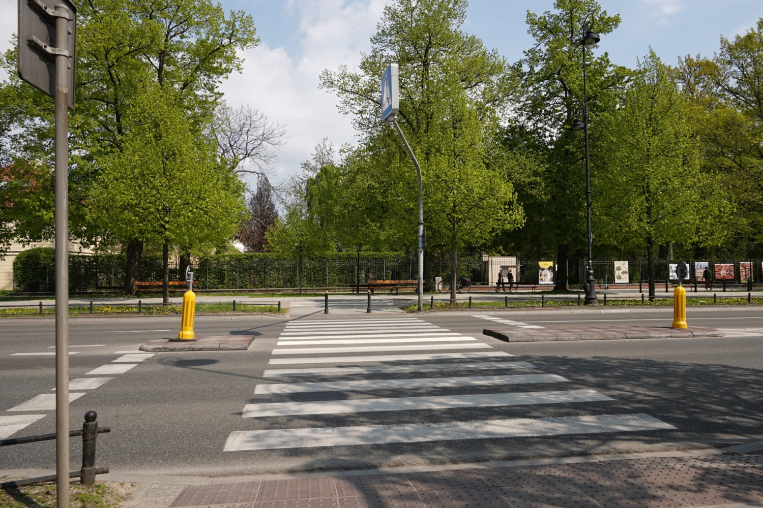 Przejście dla pieszych z drzewami i ławkami w słoneczny dzień