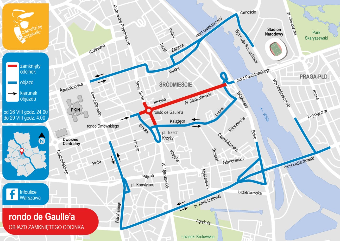 Mapa zamkniętych dróg w Warszawie pokazująca trasę objazdu Ronda de Gaulle'a.