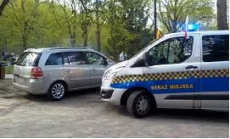 Samochód policyjny i srebrny minivan zaparkowane w parku. Na pojeździe policyjnym widoczny jest napis „Policija Maribor”.