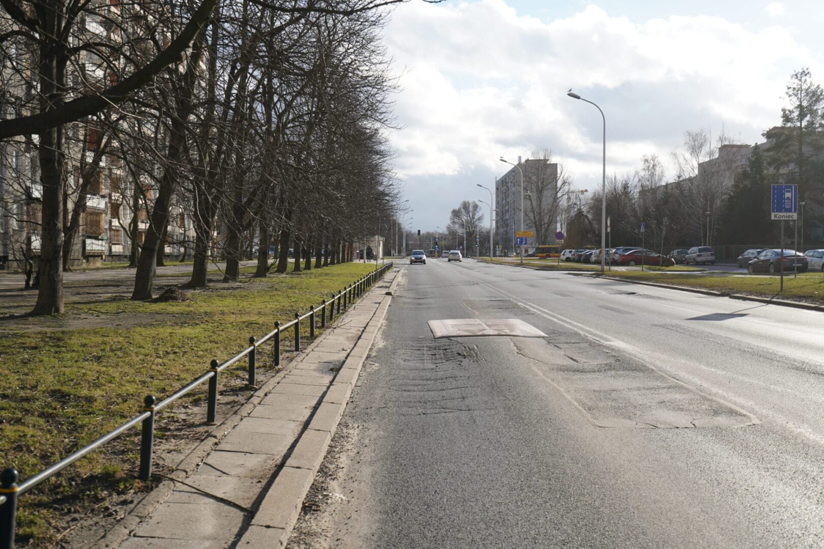 Ulica miejska pełna dziur, nagich drzew i zaparkowanych samochodów.