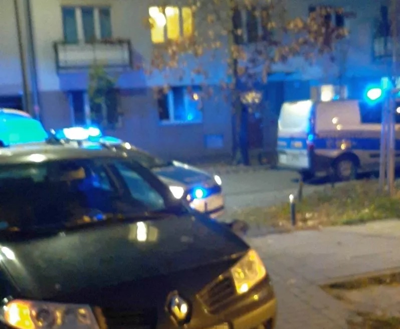 Samochody policyjne z migającymi niebieskimi światłami w nocy