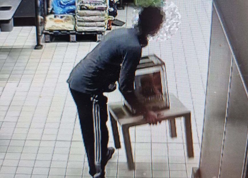 Osoba ubrana na ciemno podnosi szklane terrarium ze stołu.