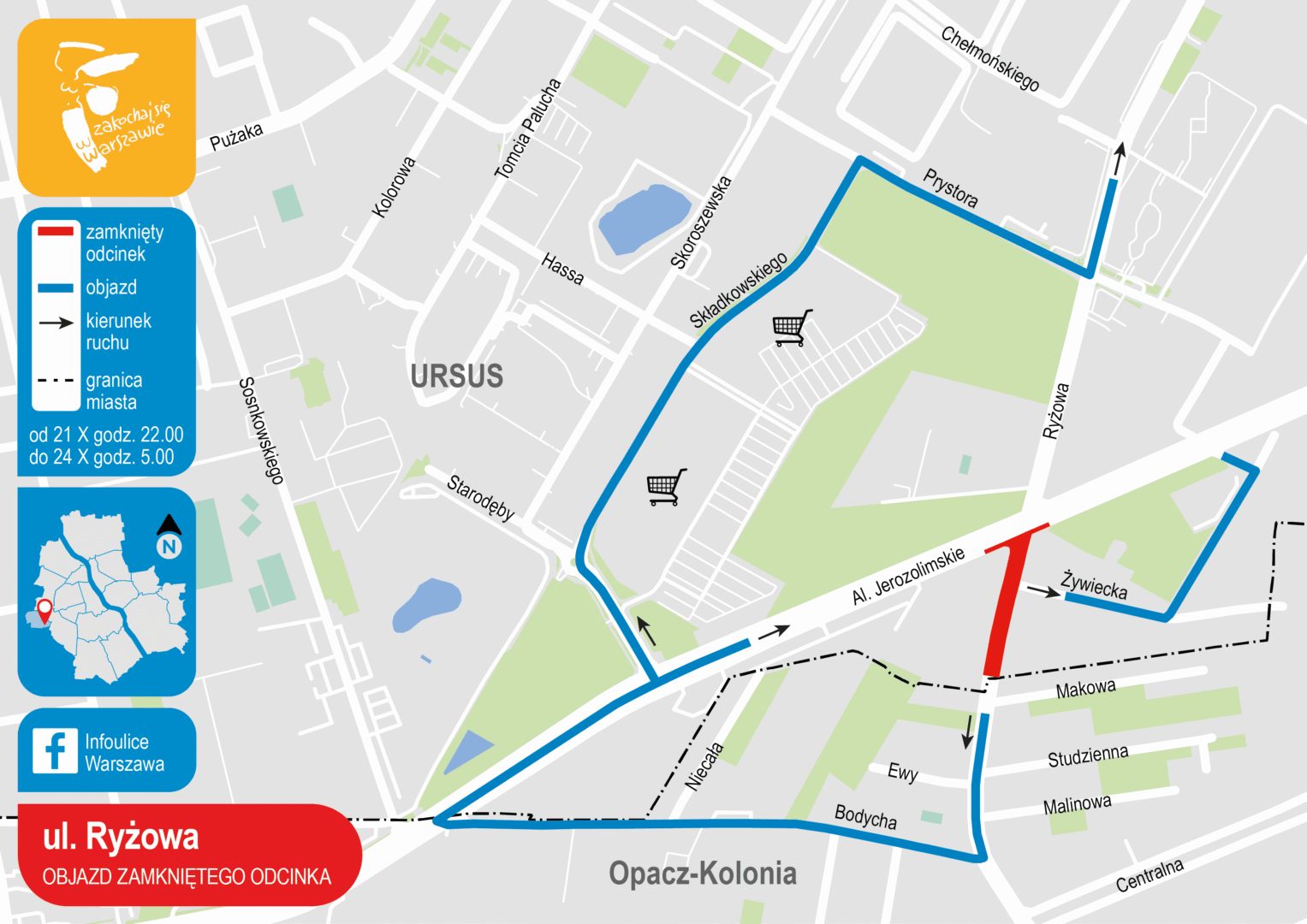 Mapa zamkniętych dróg w Warszawie: objazd ulicy Ryżowej, pokazujący zamknięty obszar i trasę alternatywną.