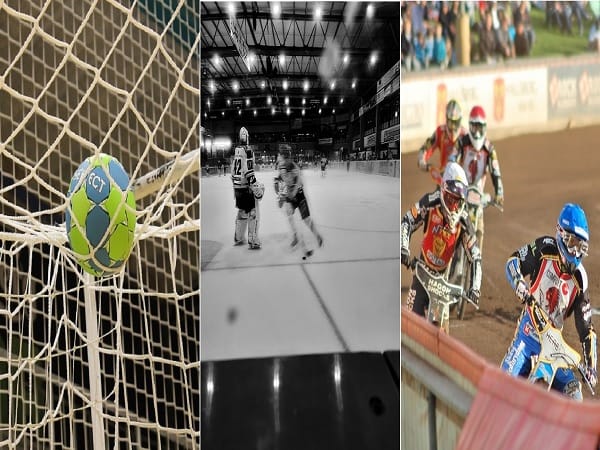 Kolaż: bramka do piłki ręcznej, hokeiści na lodzie, żużlowcy