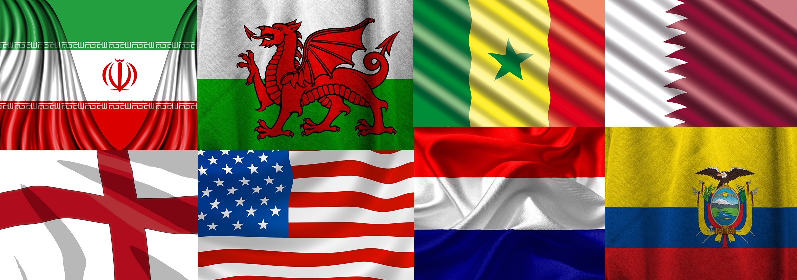Flagi Iranu, Walii, Senegalu, Kataru, Anglii, USA, Holandii i Ekwadoru.