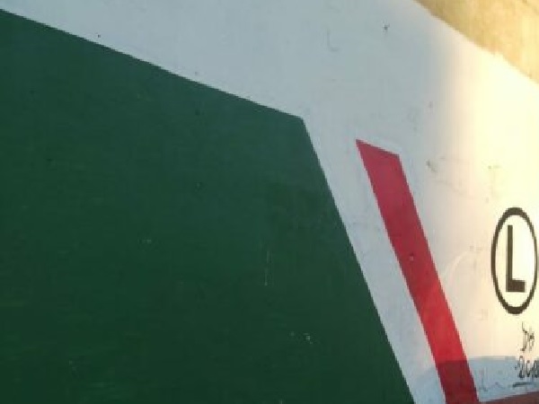 Zbliżenie wyblakłej ściany pomalowanej na zielono, biało i czerwono z zakreślonym symbolem „L”.
