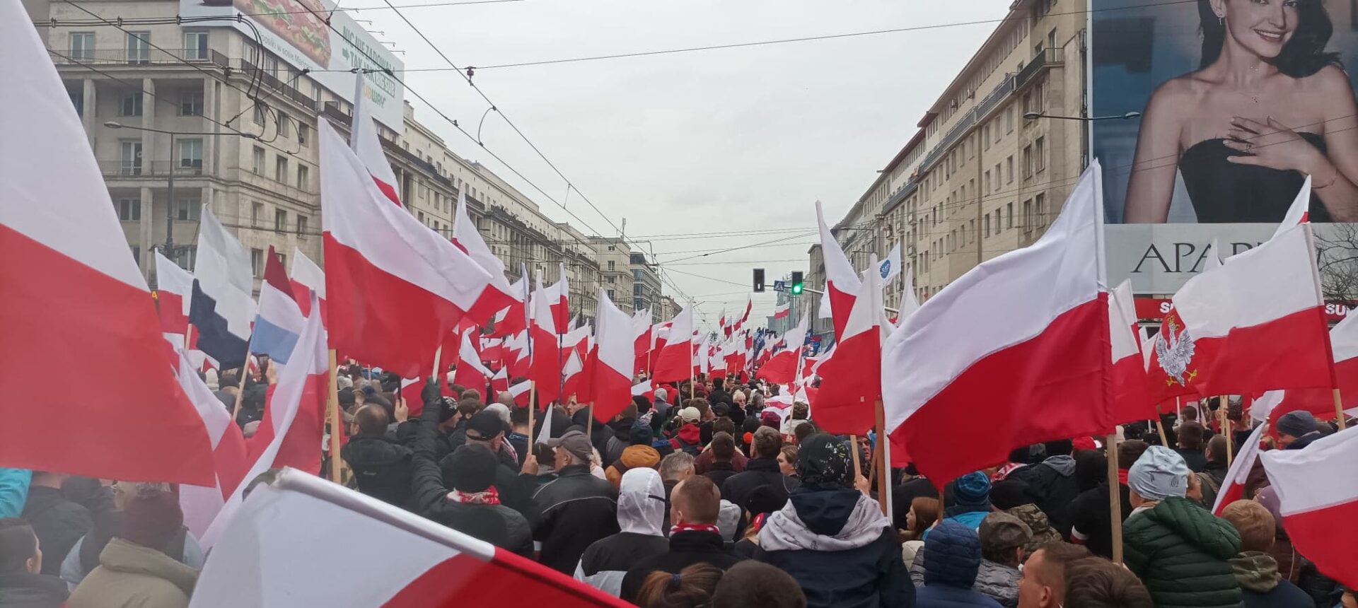 Duży tłum ludzi maszerujących, niosących polskie flagi.