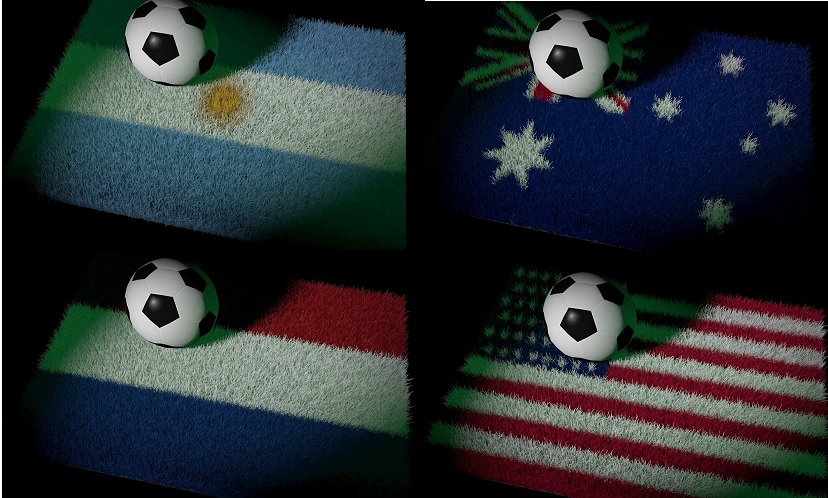 Piłki nożne na flagach Argentyny, Australii, Holandii i USA.