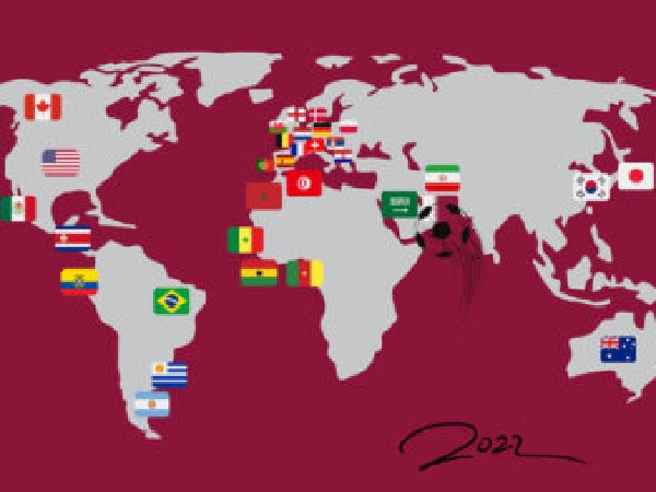 Mapa świata pokazująca kraje uczestniczące w Mistrzostwach Świata FIFA 2022