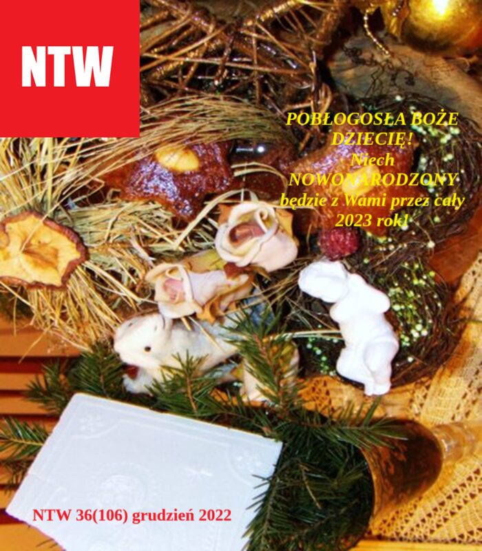 Szopka bożonarodzeniowa z tekstem „Pobłogosławione Boże Dziecię”. Życzenia szczęśliwego Nowego Roku 2023.