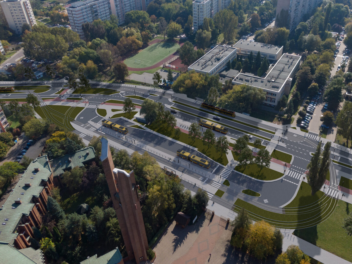 Widok z lotu ptaka na nowoczesną ulicę miejską z liniami autobusowymi i tramwajowymi, chodnikami dla pieszych i terenami zielonymi.