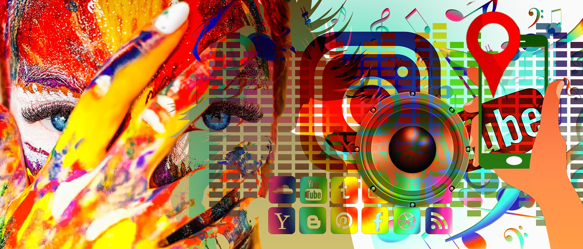Kolorowa, abstrakcyjna sztuka przedstawiająca ikony mediów społecznościowych, nuty muzyczne i głośnik, częściowo zasłaniające twarz kobiety.