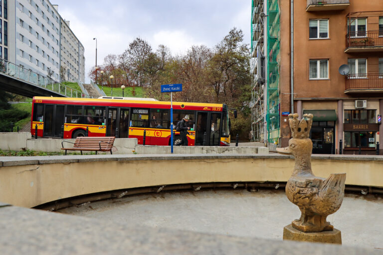 Czerwony i żółty autobus miejski na przystanku przy fontannie ze statuą kaczki w koronie. Widoczny znak uliczny Złotej Kaczki.