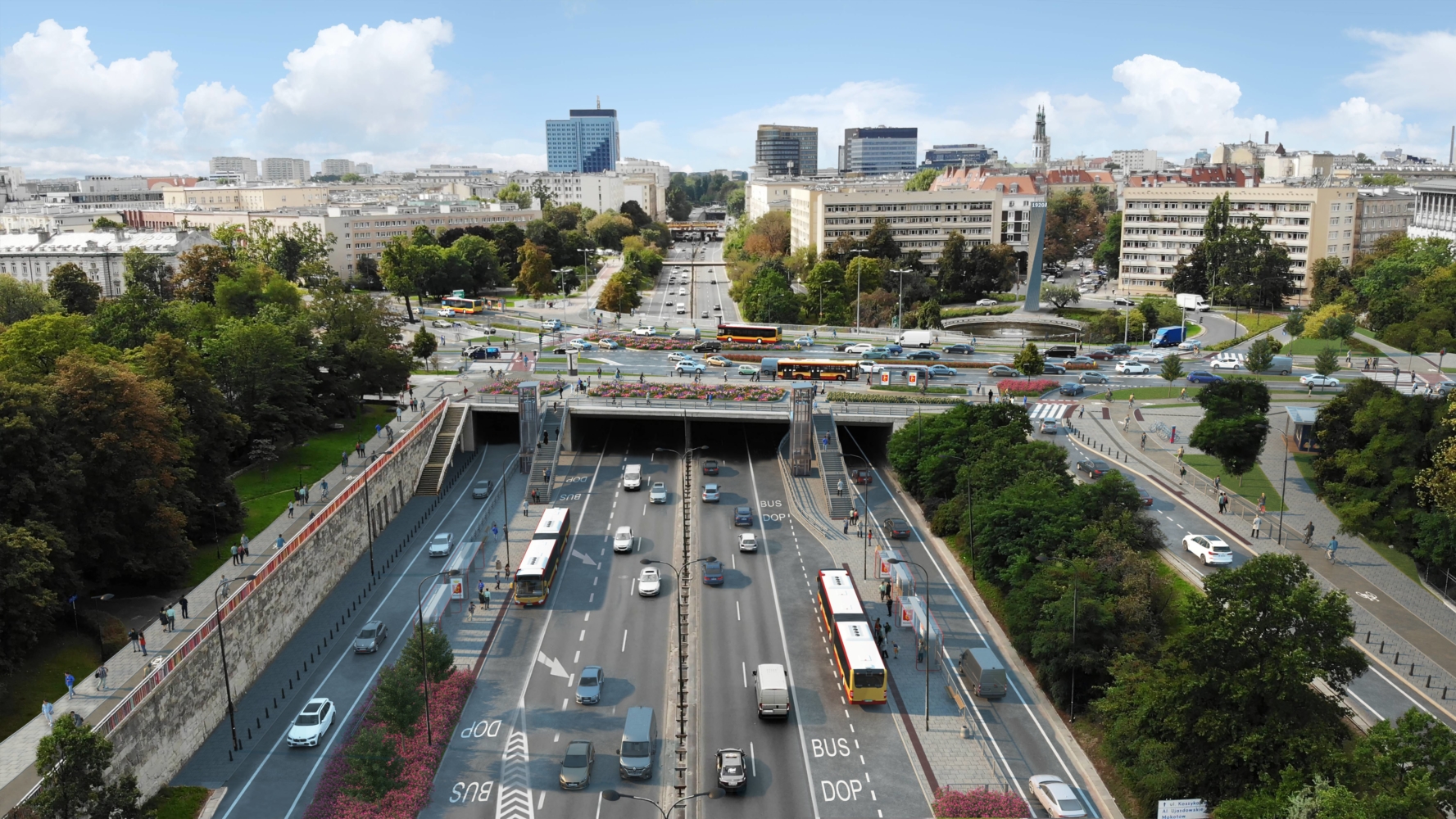 Widok z lotu ptaka na ulice Warszawy, w Polsce, z autobusami i samochodami.