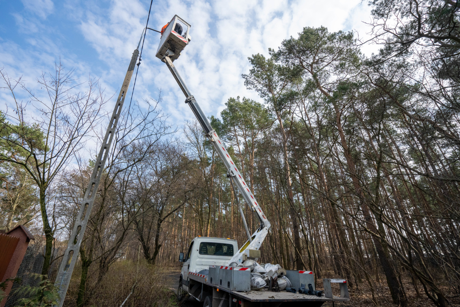 Pracownik w podnośniku koszowym serwisujący słup energetyczny w terenie zalesionym.