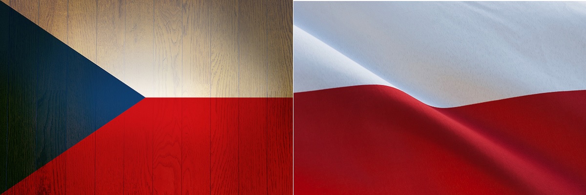 Flagi czeska i polska obok siebie; flaga czeska na drewnie.