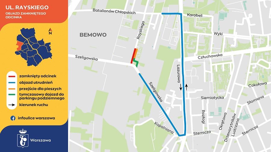 Mapa zamkniętych ulic w Warszawie pokazująca objazdy wokół ul. Rayskiego.