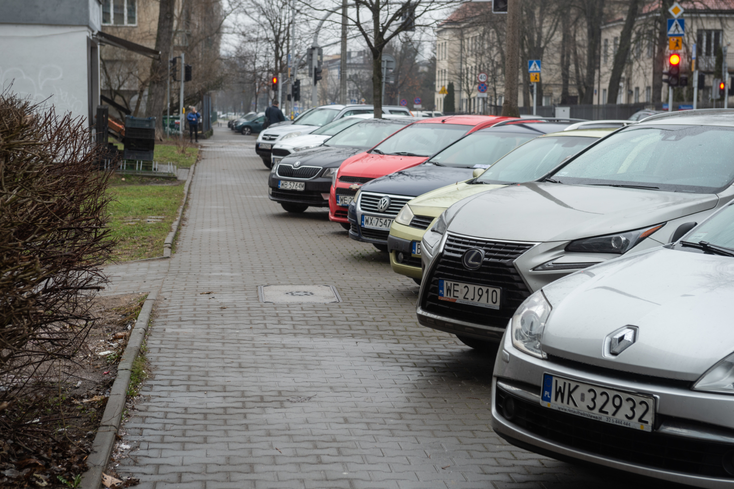Samochody zaparkowane wzdłuż miejskiego chodnika w pochmurny dzień. Widoczne tablice rejestracyjne.