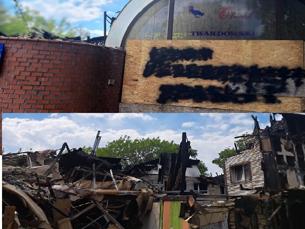 Zdjęcia budynku przed i po pożarze. Znak „Twardowski” widoczny przed pożarem.