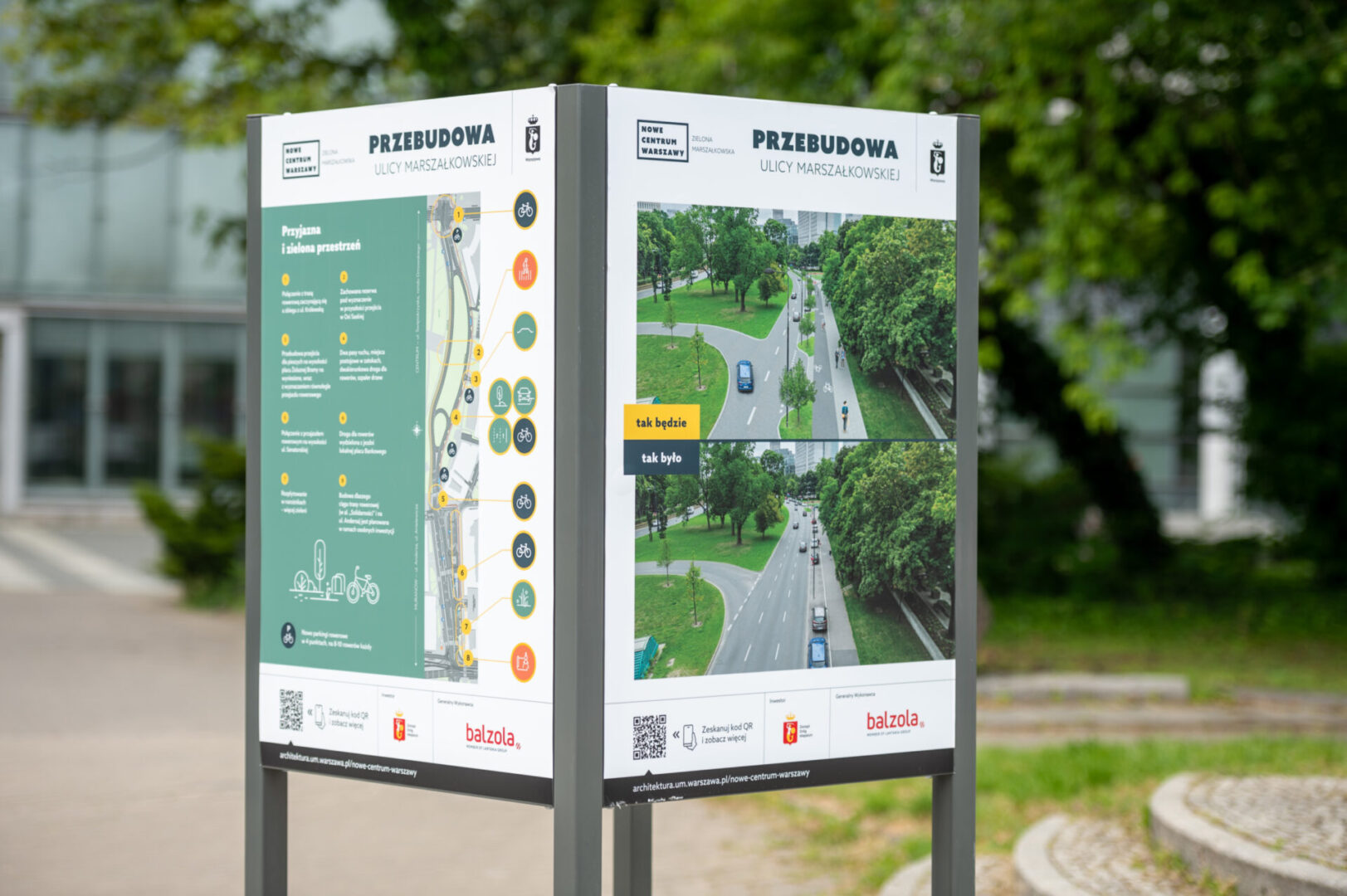 Remont ulicy Marszałkowskiej w Warszawie: porównanie stanu sprzed i po remoncie pokazujące ulepszone ścieżki rowerowe i strefy dla pieszych.