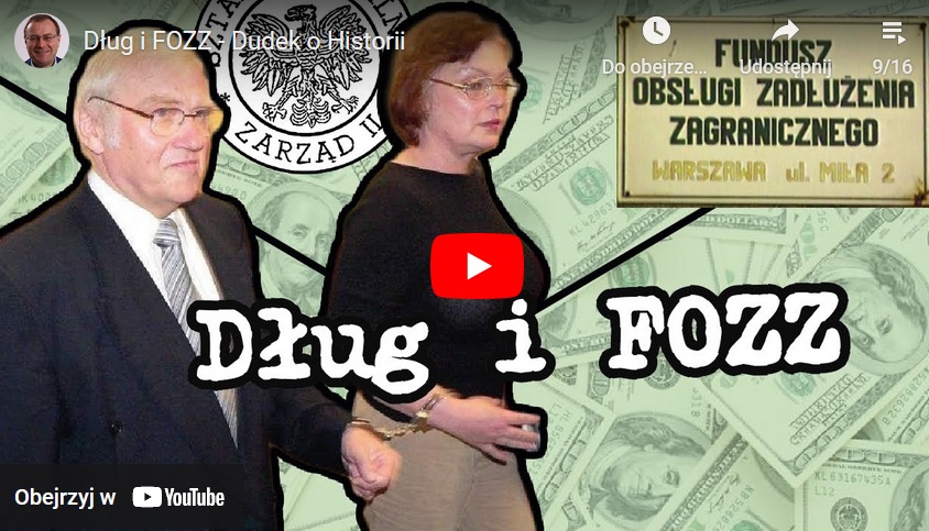 Skuci para, pieniądze i polski napis „Dług i FOZZ” sugerujący historię o długach i skandalu.