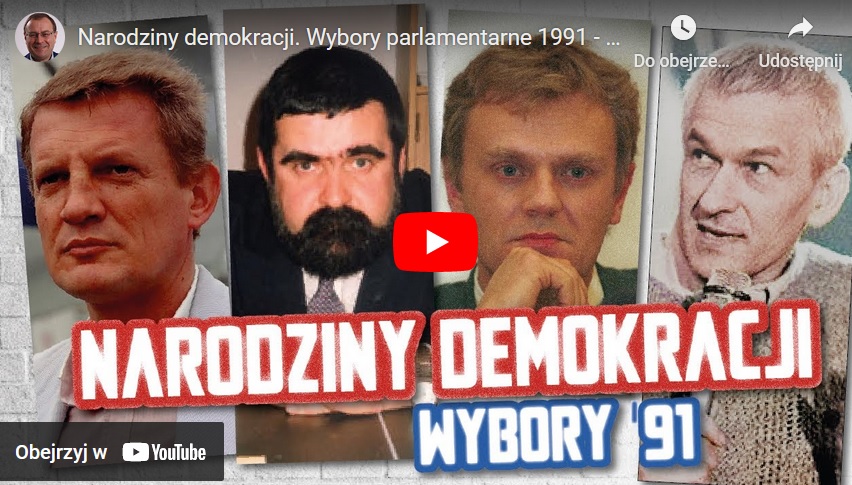 Wybory parlamentarne w Polsce 1991: Twarze kluczowych postaci, takich jak Lech Wałęsa, Tadeusz Mazowiecki i inni.
