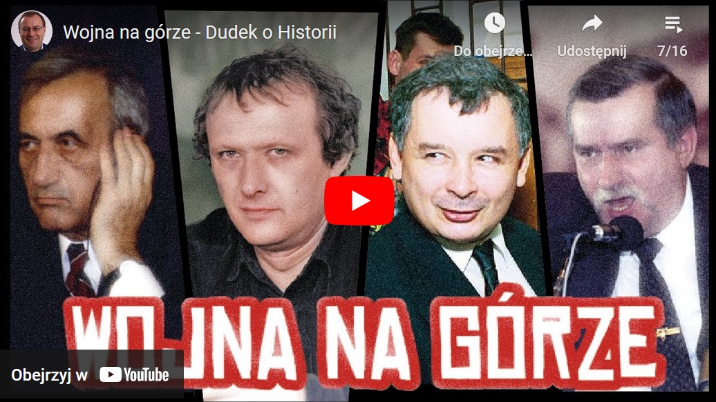 Montaż czterech mężczyzn, zatytułowany „Wojna na górze”, przycisk odtwarzania YouTube