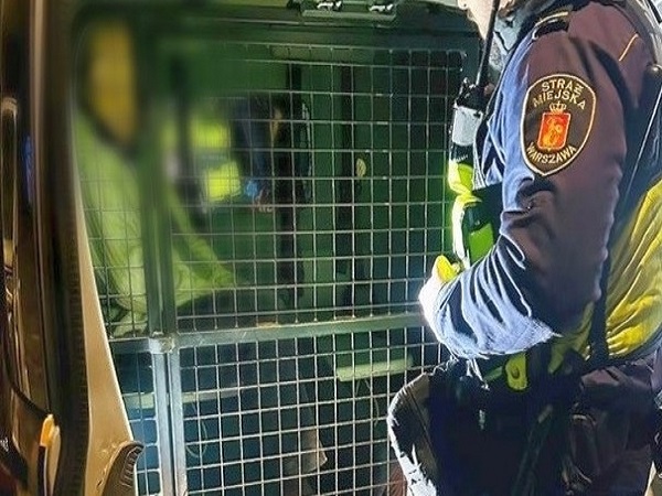 Funkcjonariusz Straży Miejskiej Warszawy z zatrzymanym w klatce transportowej