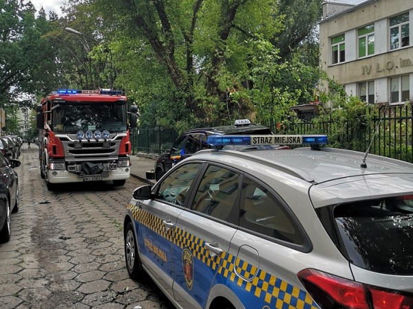 Wóz strażacki i radiowóz policji miejskiej na miejscu zdarzenia