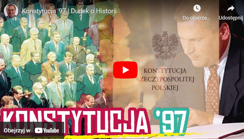 Konstytucja Polski z 1997 r.: Historyczna fotografia podpisania, przedstawiająca kluczowe postacie i mapę Polski.