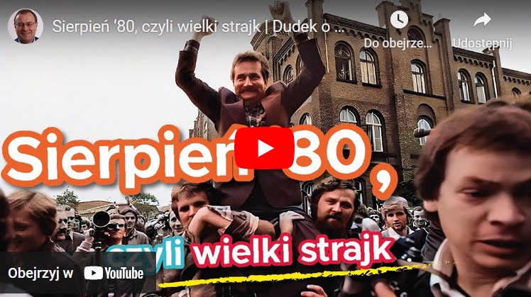 Sierpień 1980 – strajk polskich robotników; mężczyzna podniesiony na ramionach, świętujący