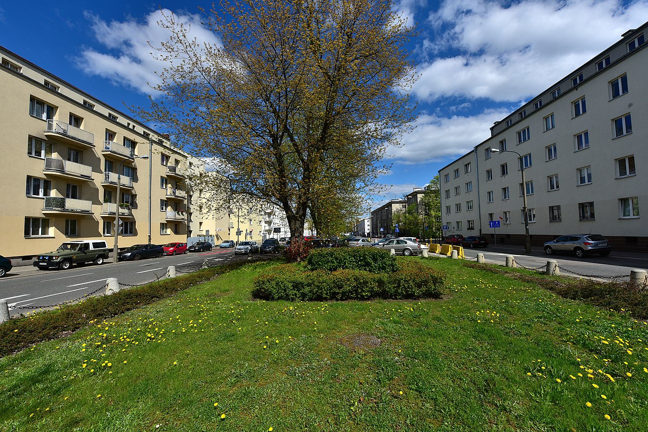 Widok na ulicę Białegostoku: Wiosną wzdłuż obsadzonej drzewami ulicy ciągną się budynki mieszkalne.