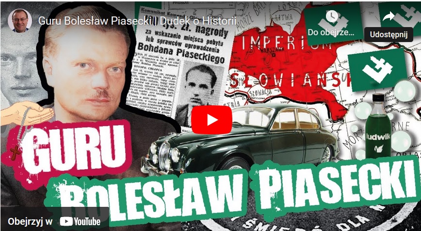 Kolaż przedstawiający Bolesława Piaseckiego, wycinki z gazet i mapę z nałożonym tekstem „Guru Bolesław Piasecki”.