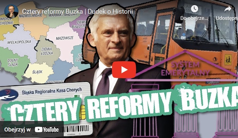 Infografika czterech reform Buzka z mapą Polski i portretem polityka. „Cztery reformy Buzka”