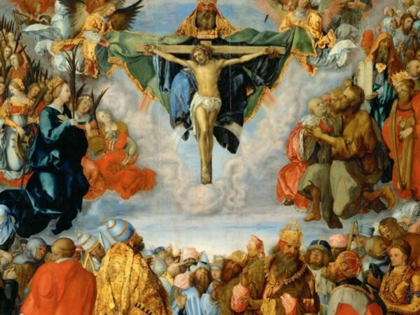 Triumf Krzyża: Jezus Chrystus ukrzyżowany w otoczeniu świętych i aniołów.