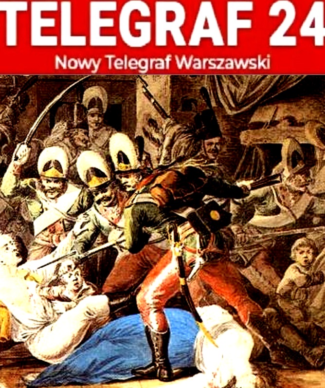 Krwawa scena powstania warszawskiego z 1831 r.; żołnierze walczący z cywilami. Widoczny „Telegraf 24”.