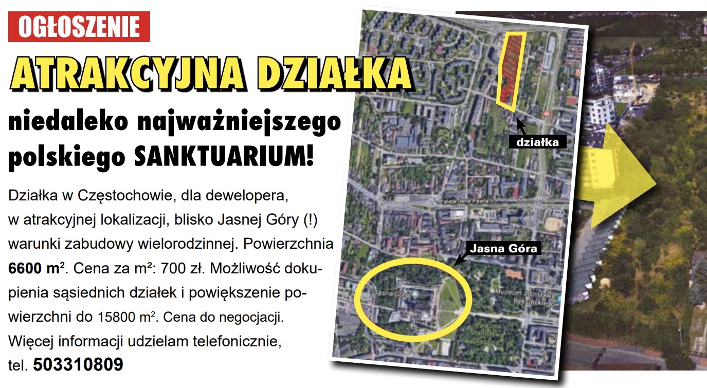 Mapa prezentująca atrakcyjne działki na sprzedaż w Częstochowie niedaleko Jasnej Góry, idealne dla deweloperów. Powierzchnia 6600 m², możliwość rozbudowy do 15800 m².