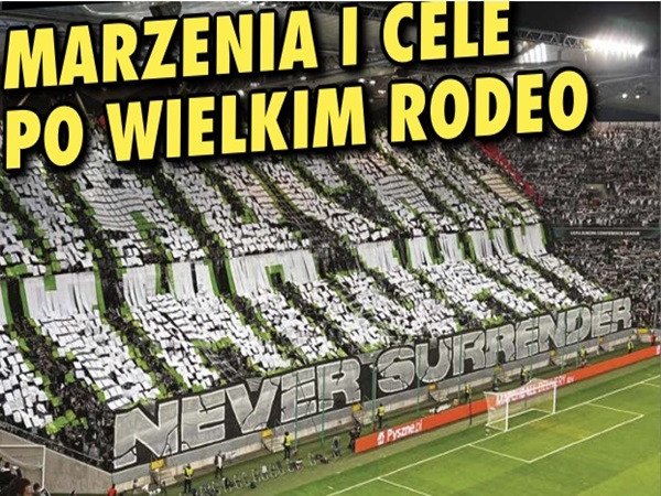 Ogromny wyświetlacz stadionowy: „Never Surrender” w bieli i zieleni